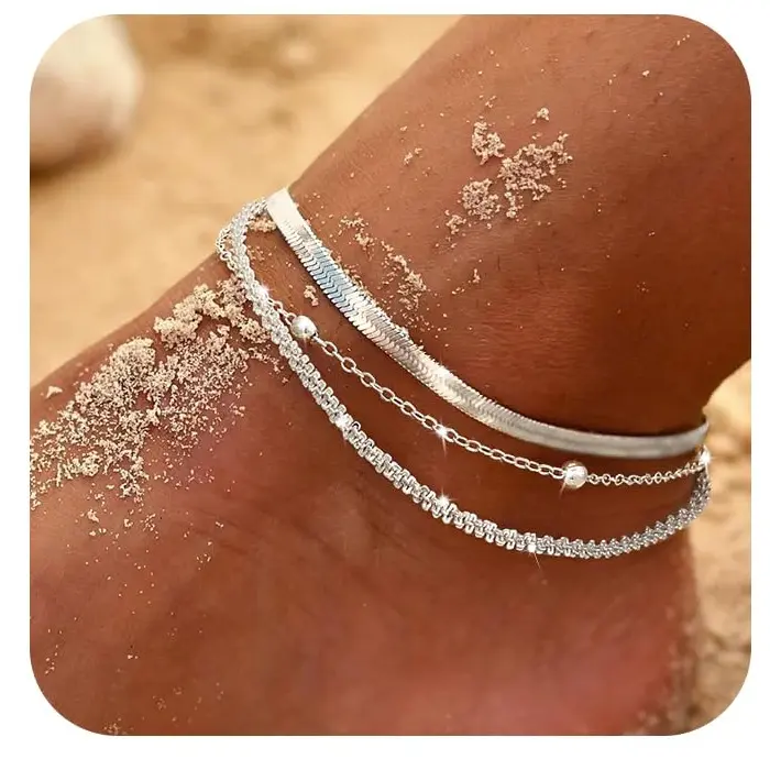 Tewiky Women's Silver Ankle Bracelet Set - Dainty Layered Waterproof Sparkly Herringbone Beaded Rope Chain, Adjustable Stackable Summer Beach Stylish Accessories, Jewelry Gift, Jewelry For Women, Womens Gifts, Anklets For Women