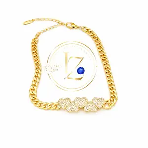 COD#2025  Women's Bracelet with Hearts Decorated with Zircons, 7 Inches Long with 2 Inches Extension, Gold Finish