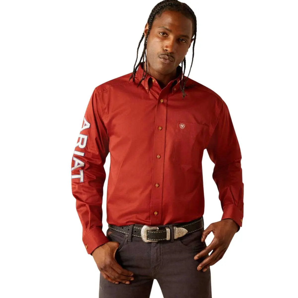 Ariat Men's Team Logo Twill Classic Fit Dark Red & Khaki Long Sleeve Shirt