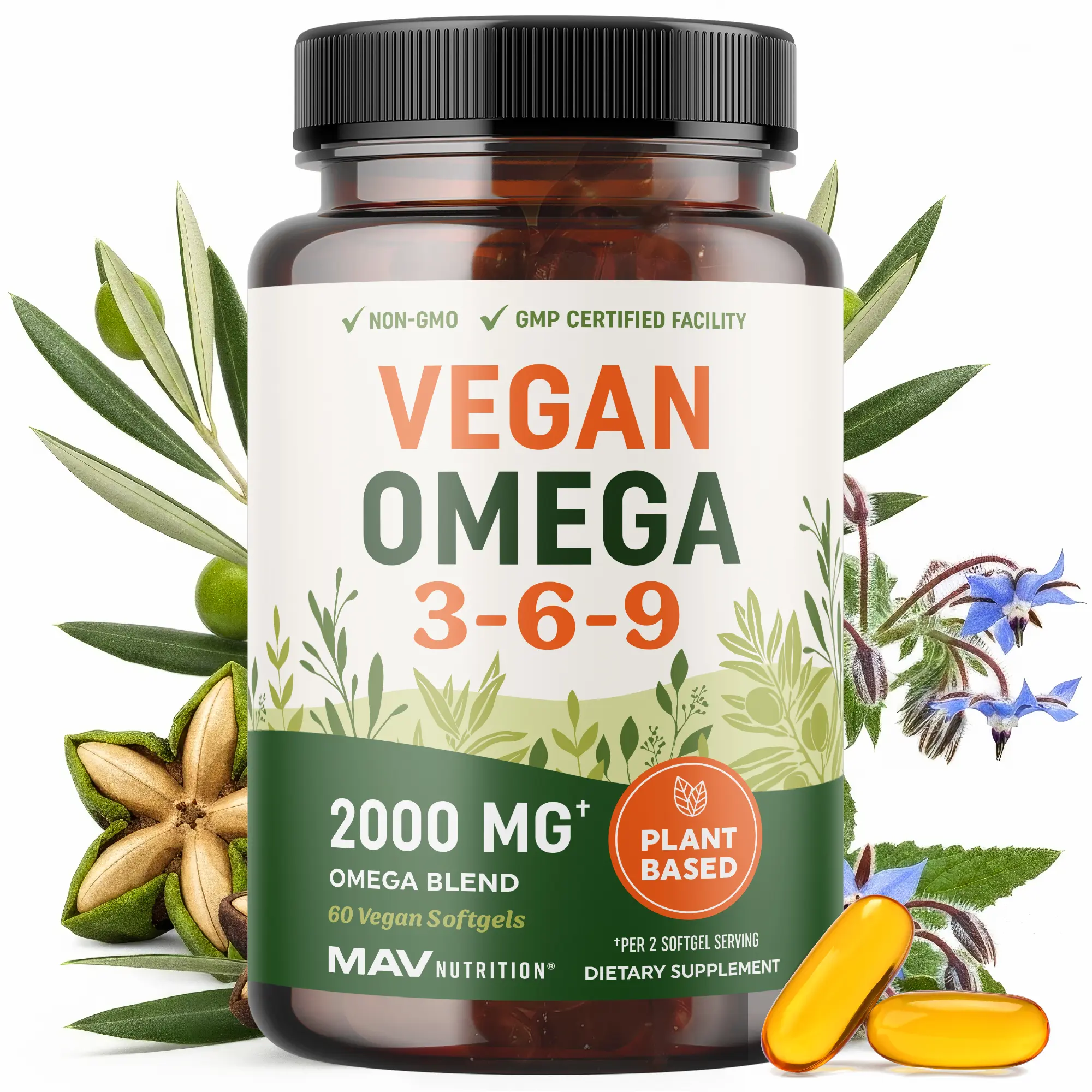 MAV Nutrition Vegan Omega 3 6 9 Supplements 2000MG Plant-Based Triple Omega Blend for Heart Brain Skin Eye Health Non-GMO 60 Ct