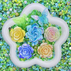 Citrus Breeze -  Rose Mix - Floral Resin Cabochon Mix with Rhinestones – Assorted Flower Resin Charms for Whipped Cream Glue, Resin Art & Mirror Decoration