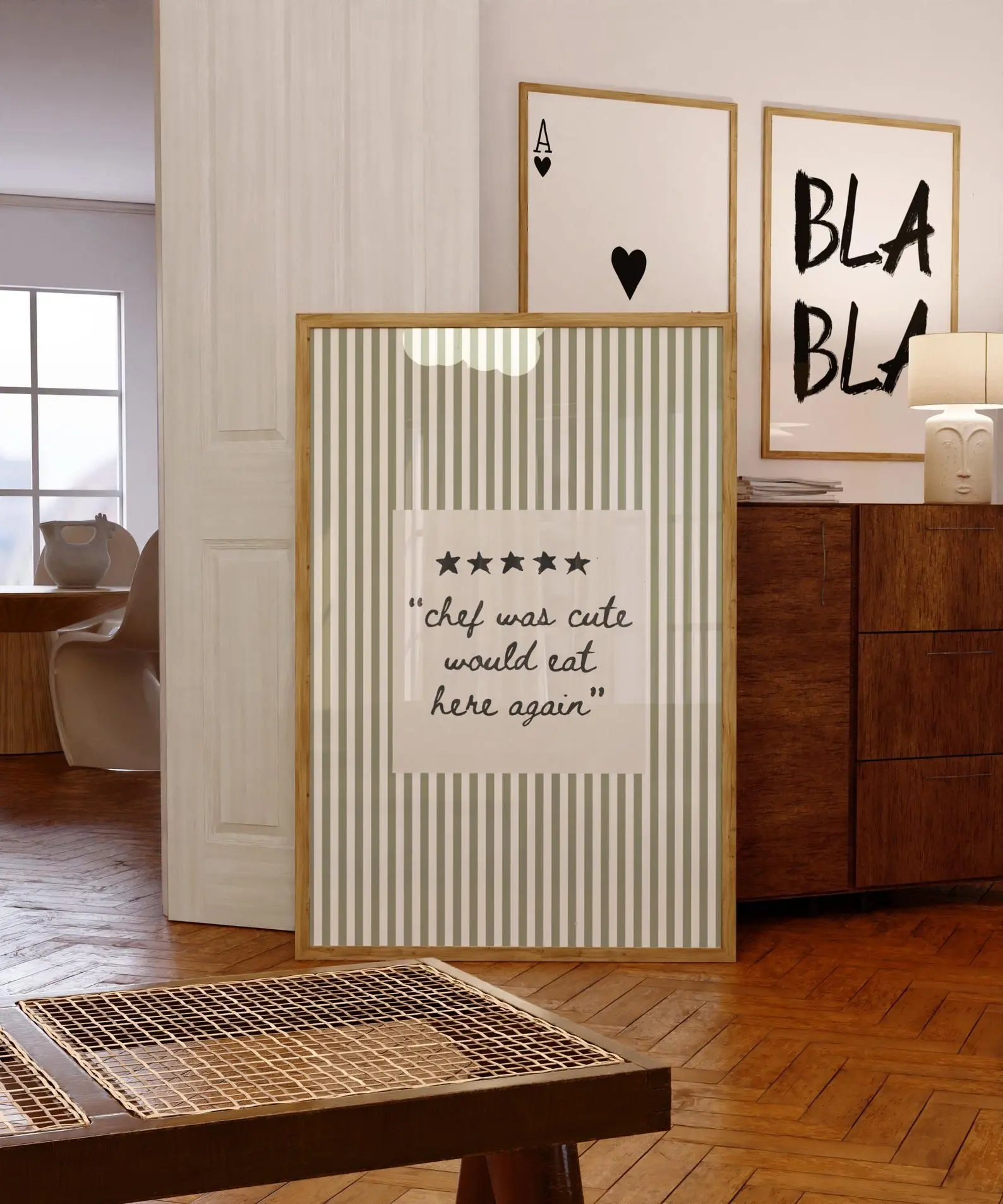 Chef Was Cute Kitchen Print, Funny Quote Wall Art, Sage Green Striped Poster, Minimalist Neutral Kitchen Decor [Unframed - Only Print]