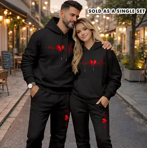 Couple's Heartbeat Print Hooded Sweatshirt and Drawstring Sweatpants Set (Sold as a Single Set), Casual Sportswear, Long-Sleeve Hooded Jacket and Pants, Suitable for Autumn, Winter, and Spring, Everyday Wear, Tracksuit, Casual Athletic Wear