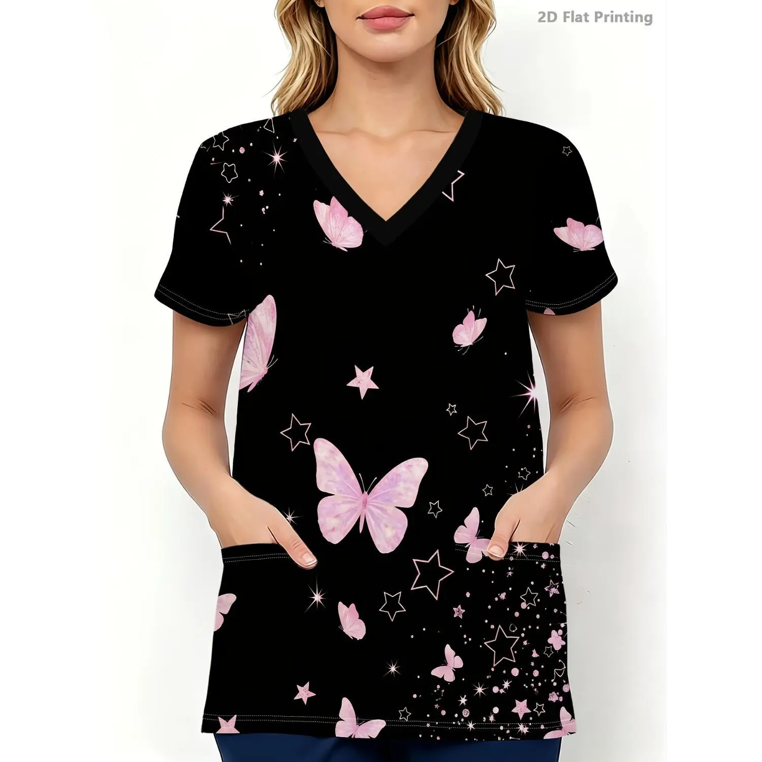 Breathable Women's V-Neck Caregiver Uniform Top with Pink Butterfly and Star Print on Black