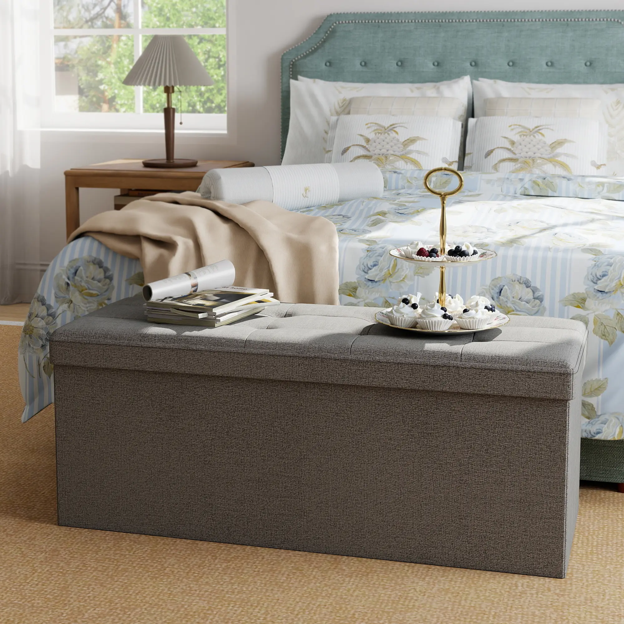 43.5 Inch Foldable Upholstered Storage Ottoman Bench - MDF Base, Thick Sponge Padded Seat, 660 Lbs Capacity, Quick Assembly, Footstool with Storage, Furniture for Small Space Entryway, Room Decor, Living Room & House Addition