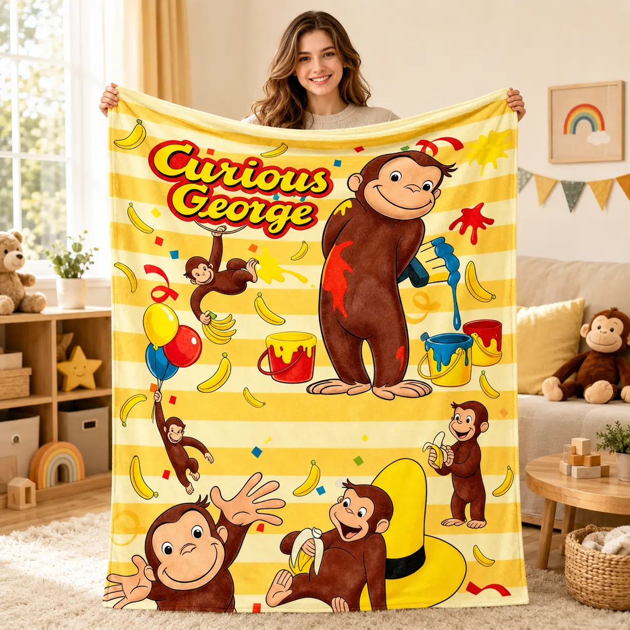 Popular Curious George Painting Party Flannel Blanket, a personalized cartoon monkey soft plush blanket, perfect for children's playrooms, and an ideal gift for children's birthdays and Christmas. A TikTok hit and a family must-have!