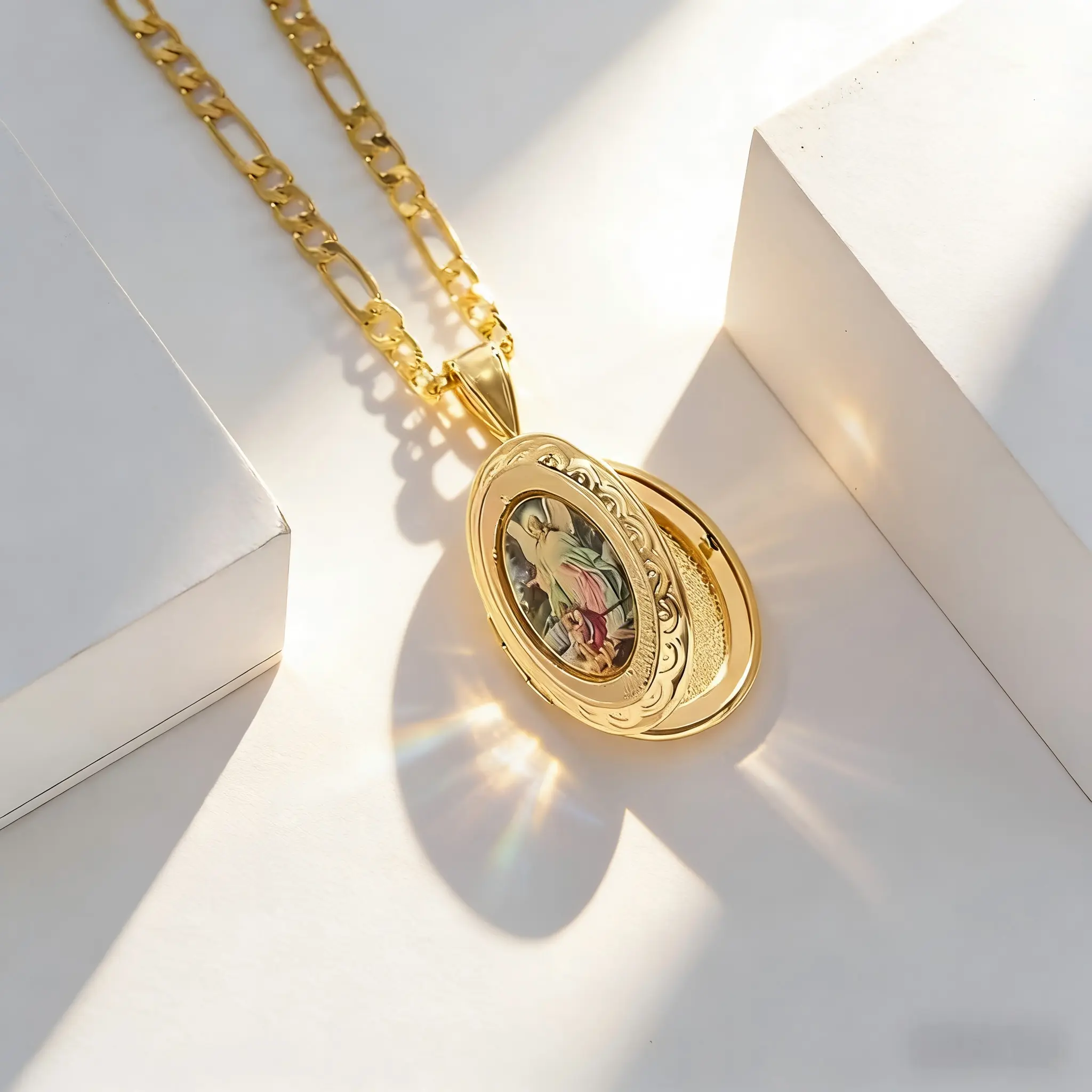 14K Gold Plated Oval Engraved Locket Photo Pendant Necklace, Figaro Chain Custom Picture Keepsake Religious Faith Jewelry, Hypoallergenic Non Tarnish Memory Gift Necklace for Women Men