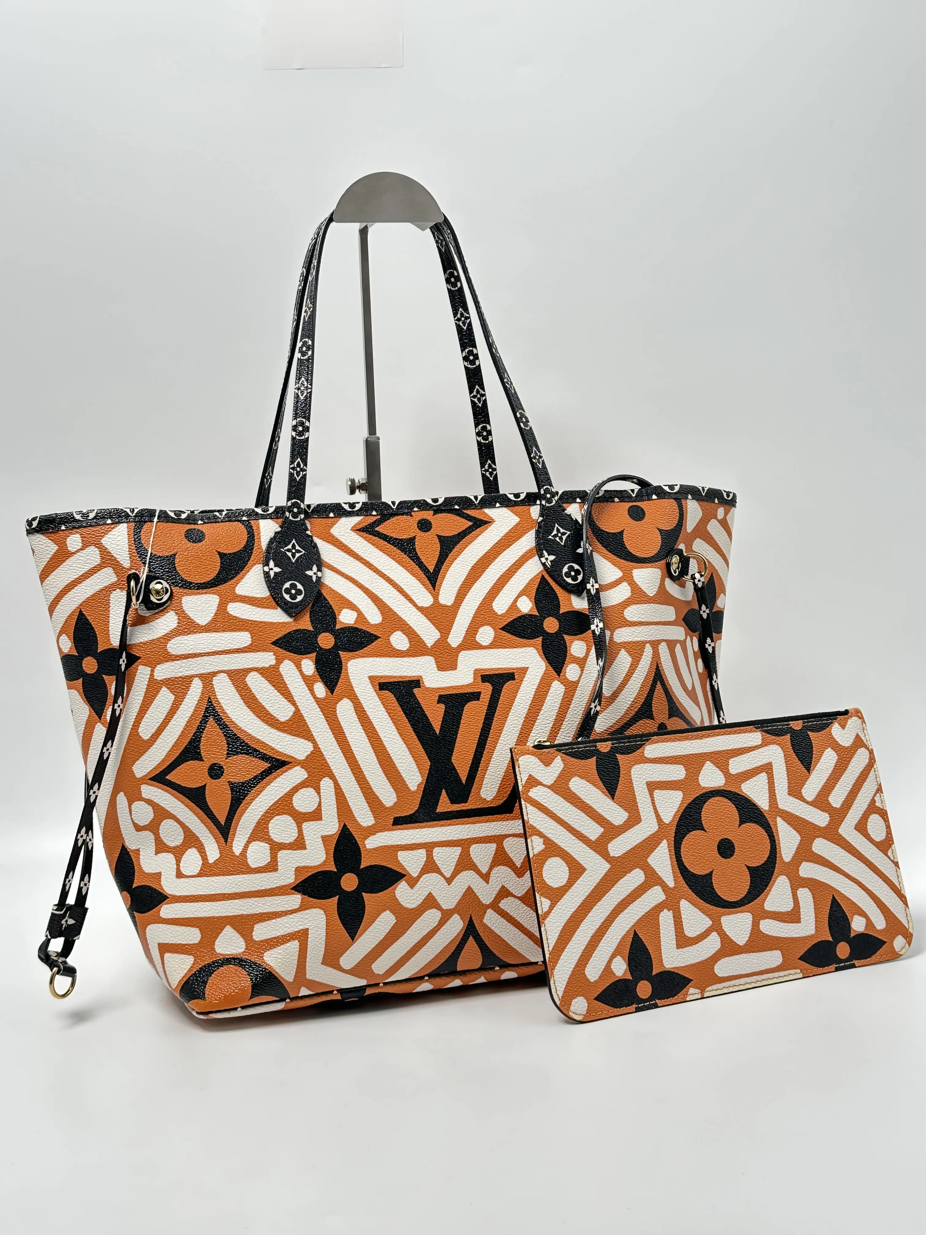 Pre-owned Louis Vuitton Canvas Tote Bags Crafty Neverfull MM Giant Monogram Caramel Black Bag w/ Pouch JE650LV