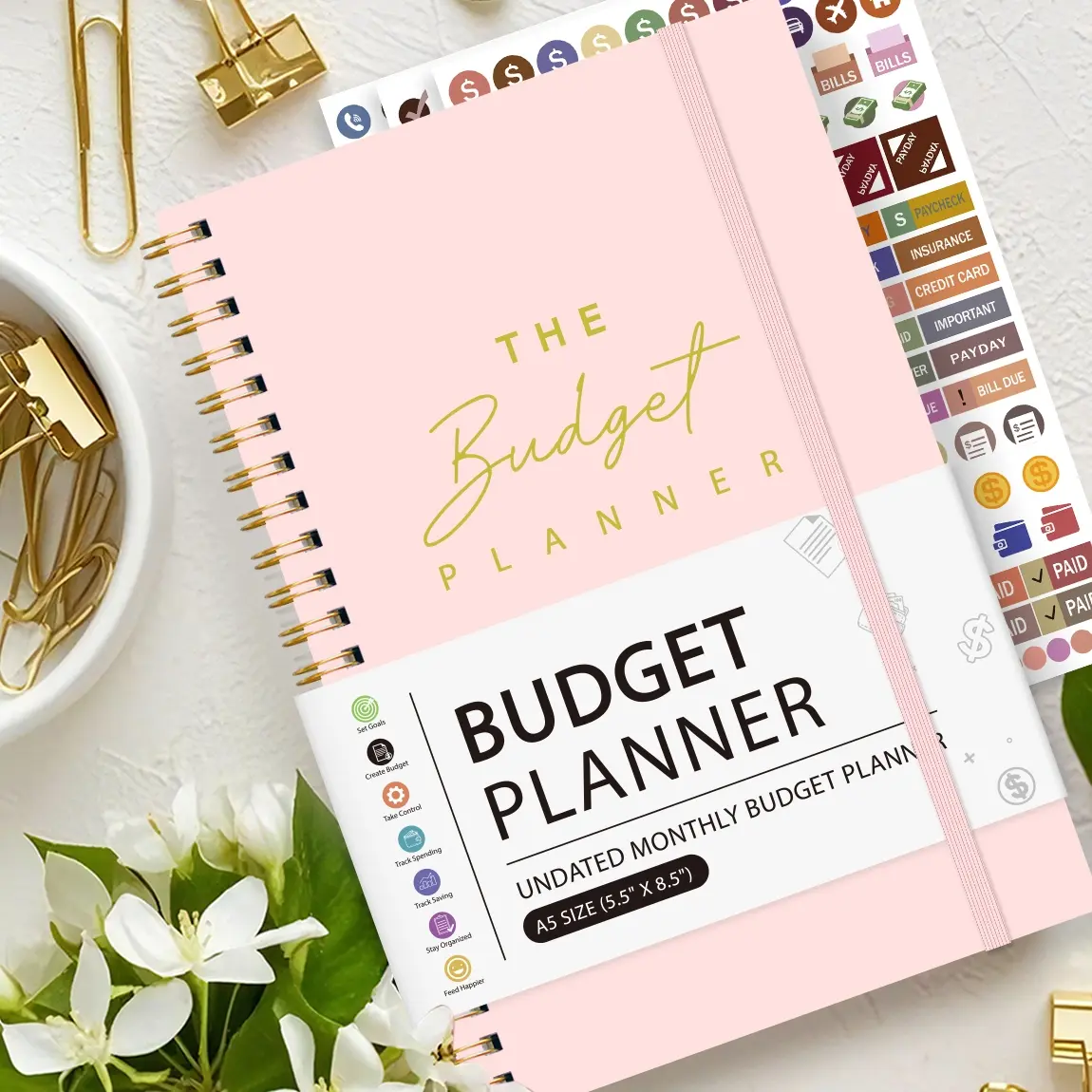 Budget Planner with Expense Tracking, Unupdated Monthly Bill Organizer, Budget Planner and Monthly Bill Organizer, Effective Money Management, Office Planner, 5.5x8.5 Inches, Includes 3 Stickers, Spiral Bound Planner