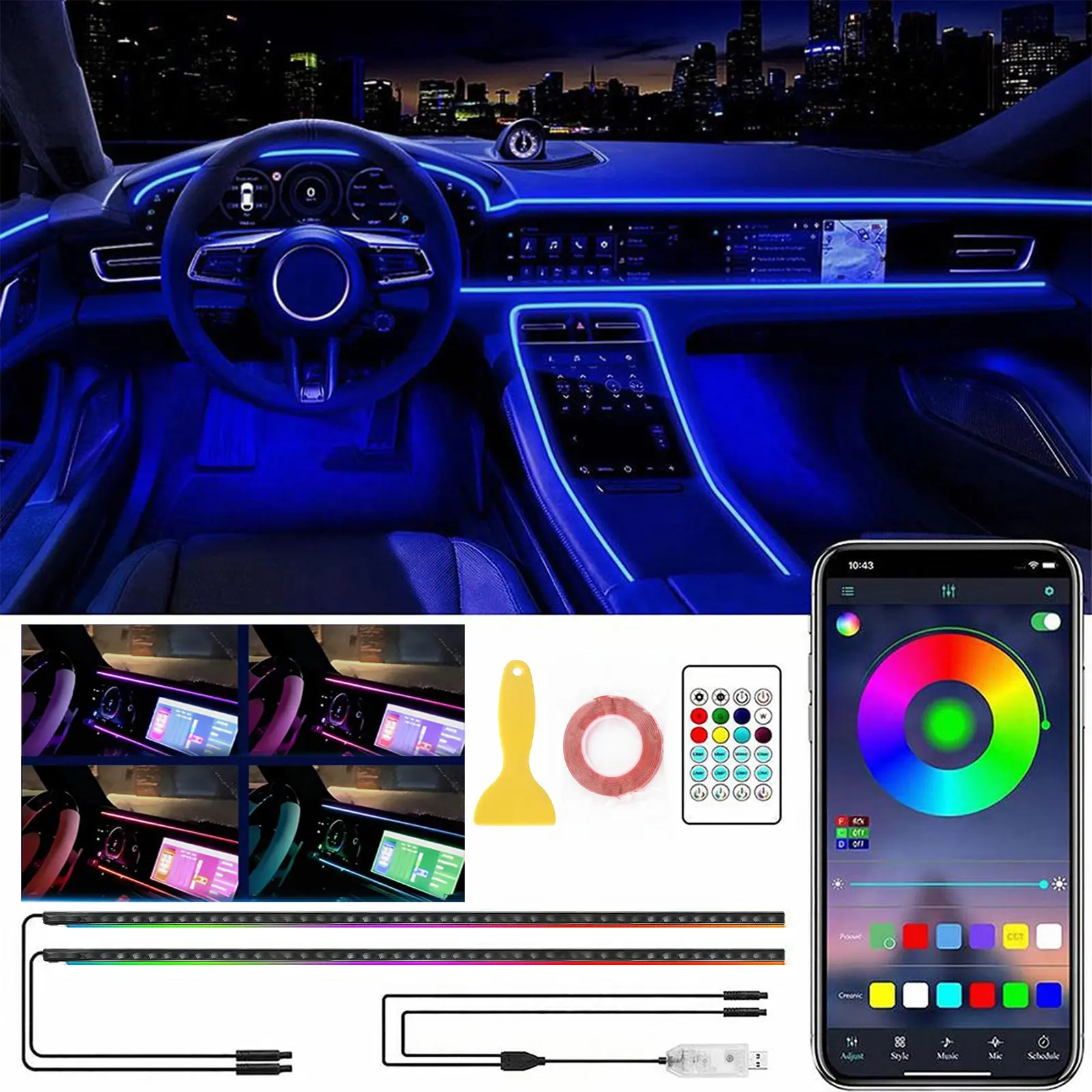 Ceesooi Smart LED Interior Car Lights, USB Powered RGB Car Ambient Lighting with App Control & Music Sync, DIY Mode 110cm+110cm 2-in-1 Design,  Multi-Color Decor for Cars Trucks，Gift for Men & Women
