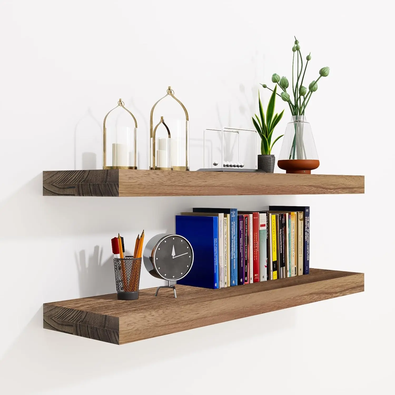 24 Inch Floating Shelves, Bathroom Wooden Shelves for Wall Mounted, Rustic Farmhouse Floating Shelves, Solid Wood Wall Shelves for Storage, Set of 2, Carbonized Black
