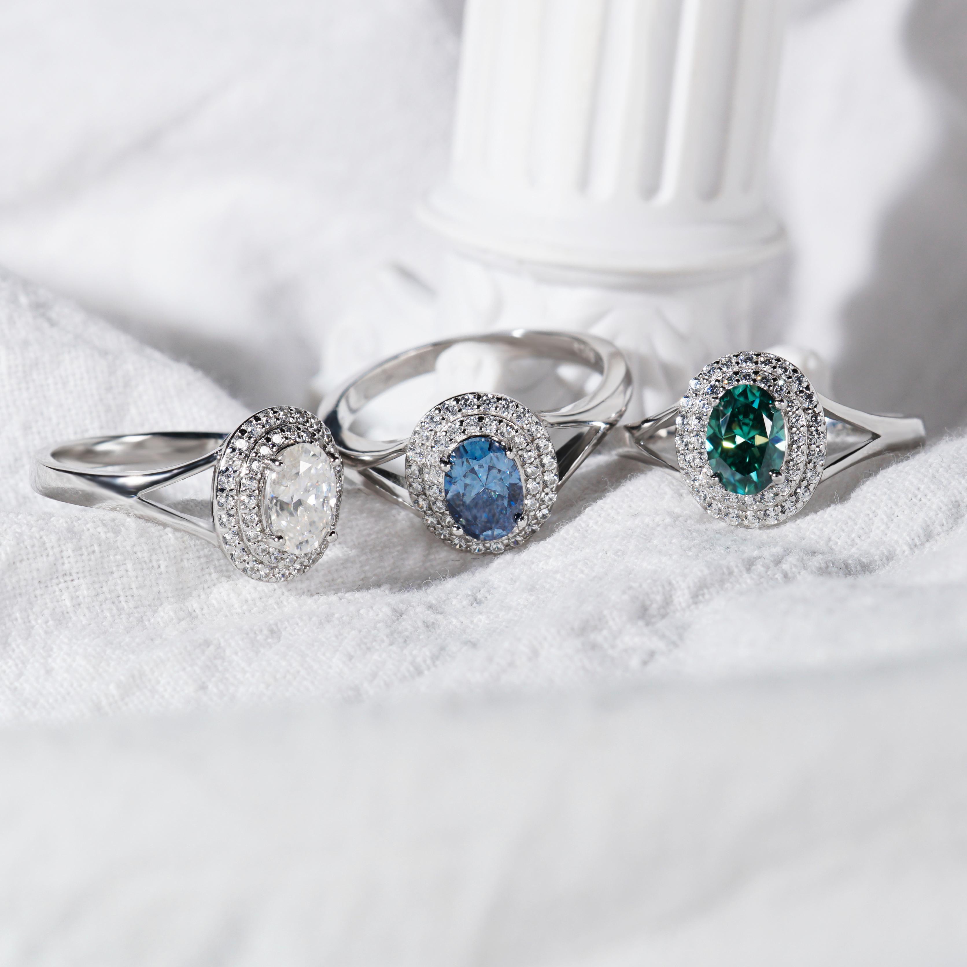 Delzzad 1ct Oval Synthetic Moissanite Double Halo Ring In 925 Sterling Silver Ring Band Jewelry Perfect Birthday Engagement Wedding Anniversary Christmas Gift for Women