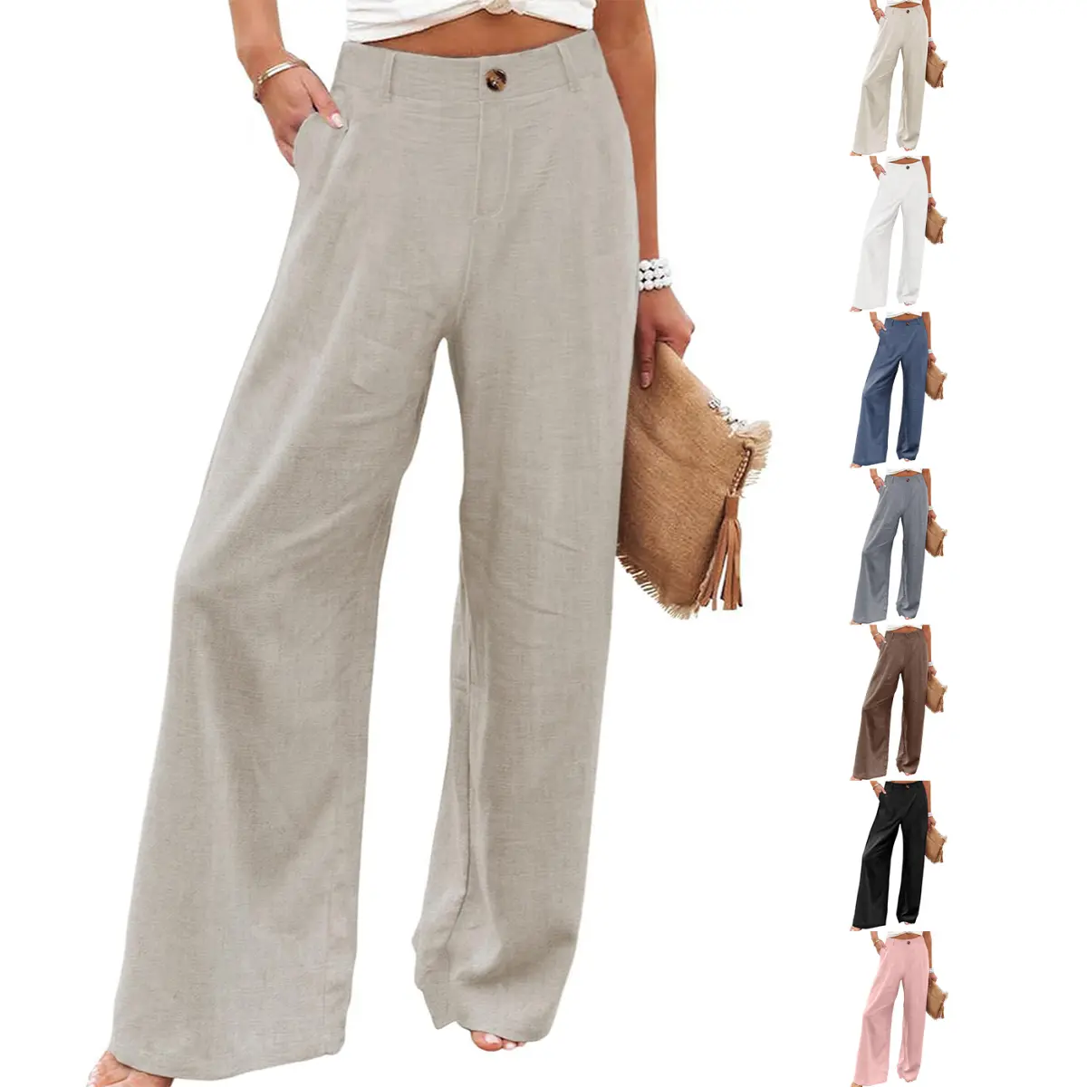 UANEO Women's Cotton Linen Wide Leg Pants Casual Button Up High Waisted Trousers Loose Comfy Spring Summer Womenswear SummerVibes Bohemian Bottoms Minimalist