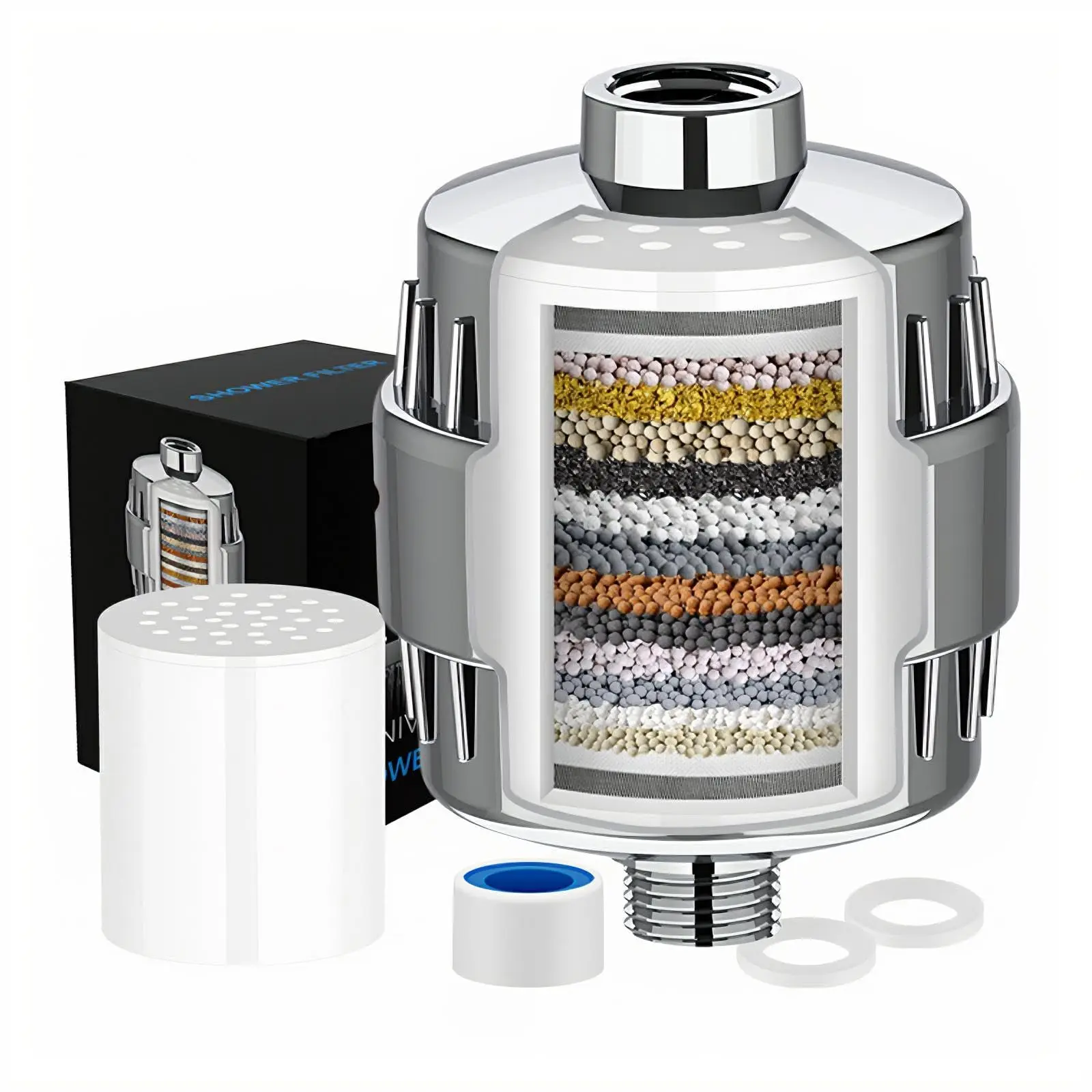 2 Pack Cartridges Shower Filter for Hard Water, Shower Head Filter | High Flow,Reduces Chlorine, Heavy Metals, Helps Improve Dry Skin & Hair, Universal 1/2" Fit,Family Bathroom Essential, Chrome
