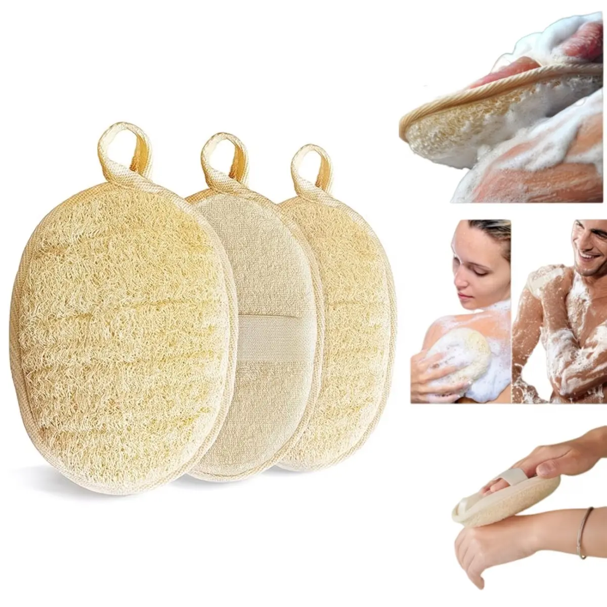 Unisex 3PCS Premium Natural Loofah Sponge Pack - Smooth Exfoliating Bath Scrubber, Face Scrubbers, Personal Care Bathing Accessory for Body & Face