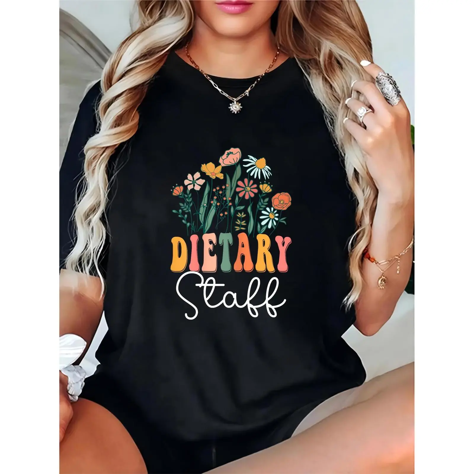 Women's 100% Cotton Round Neck Short-Sleeve Lightweight Breathable Black T-Shirt - Colorful Floral Print, "Dietary Staff" Graphic, Fitted Casual Workwear for Dietitians (Pairs with Skirts), Relaxed Fit