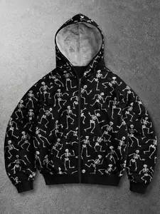 Unisex Y2K hip-hop knit zip-up hoodie with all-over skull print, dark high-street style cardigan jacket. Skin-friendly, wrinkle-resistant, and anti-pilling. Versatile and fashionable, perfect for layering and ideal for everyday casual wear and trendy stre