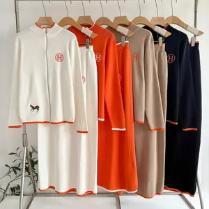 New Creative Horse Embroidery Color-Block Long Sleeve Wool Coat & Casual Knitted Short Skirt Two-Piece Set for Women's Basic Suits Minimalist Gamis in Black Beige Orange White