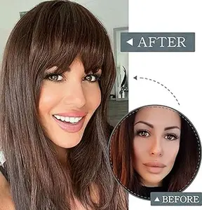 ALICOCO Bangs Hair Clip, 100% Real Human Hair Toppers with Wispy Bangs 360° Cover Clip in Bangs for Women Daily Wear Dark Brown black wide parting stylish Lightweight Breathable