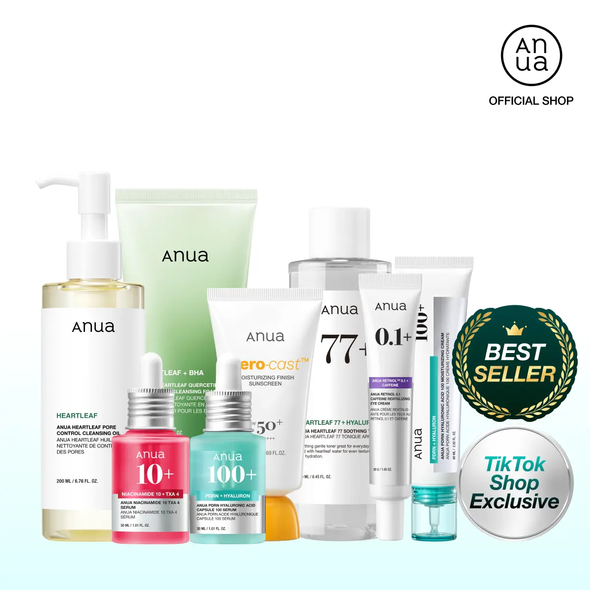 [Anua] Affordable Full-Korean Glass Skincare Routine Set｜8 Essential Viral Items in one bundle｜For Hydration, Hyperpigmentation & Redness Care Set ｜ Cleansers, Toner, Serums, Moisturizer, Eyecream, SPF