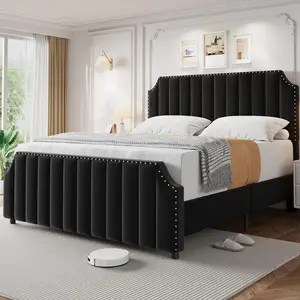 Queen Size Velvet Bed Frame, 50.2" Tall Headboard & Footboard, Upholstered Platform Queen Bed Frame with Nailhead Trim, Noise Free,Black