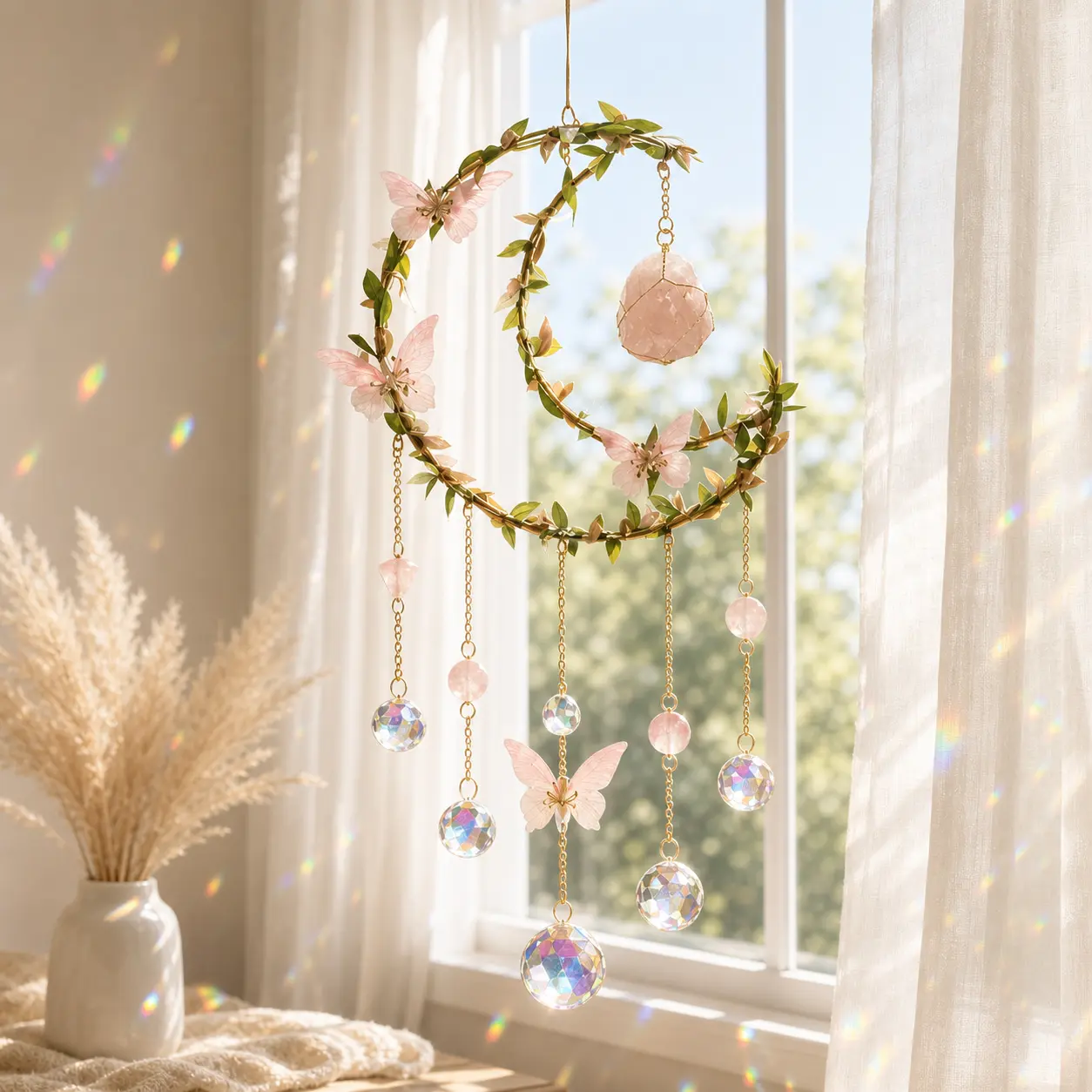 Handmade Crystal Moon Suncatcher with Rose Quartz Stone – Butterfly Sun Catcher, Rainbow Maker Window Hanging, Boho Celestial Décor, Gift for Her Colorful Decor