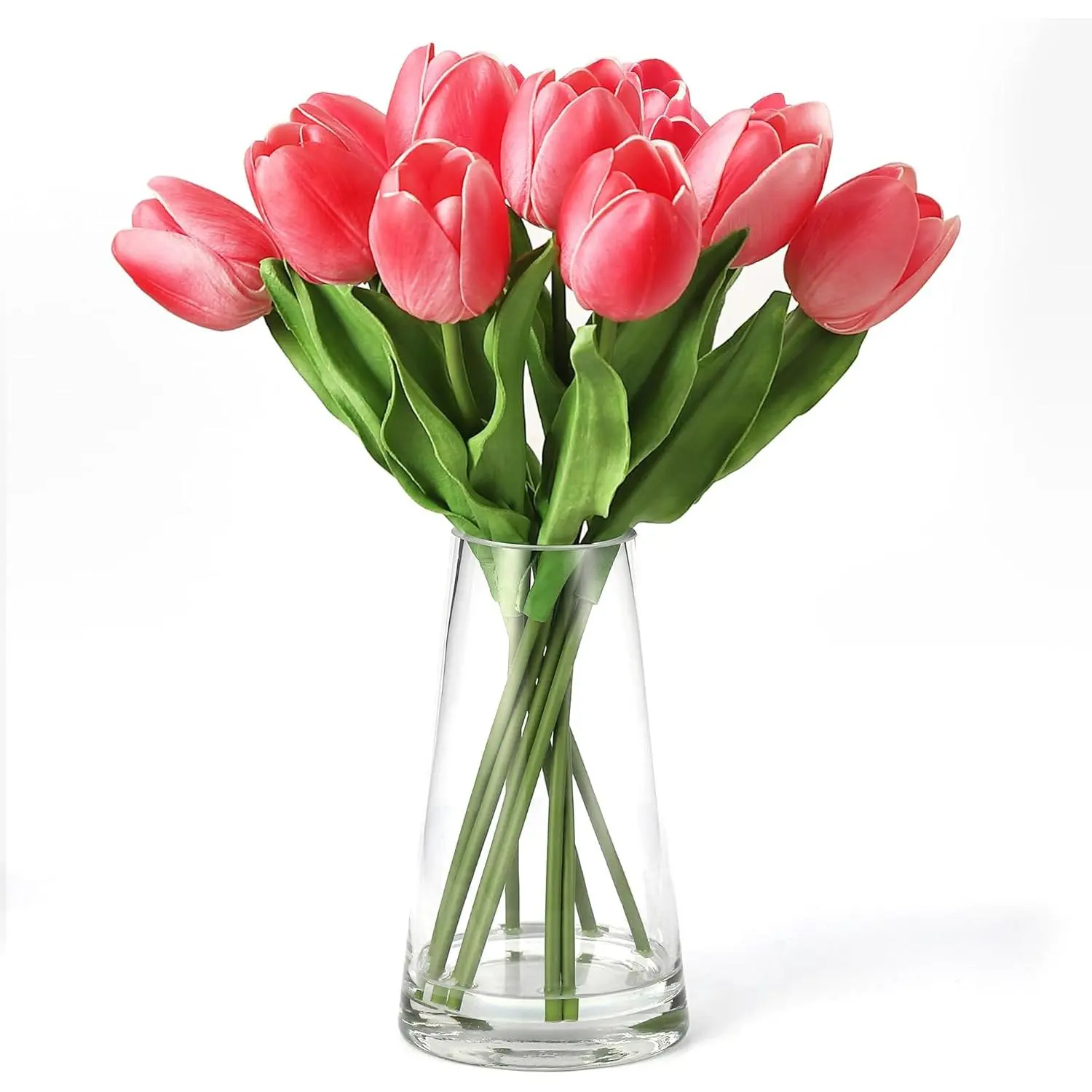 Premium Faux Silk Tulips - 10 Stems Realistic Tulip Plant with Bendable Stems, Glass Vase, Ready-to-Display Home Decor, Rose Red Ornaments, Ideal Gift for Indoor-Outdoor Furniture Accents, Leaf