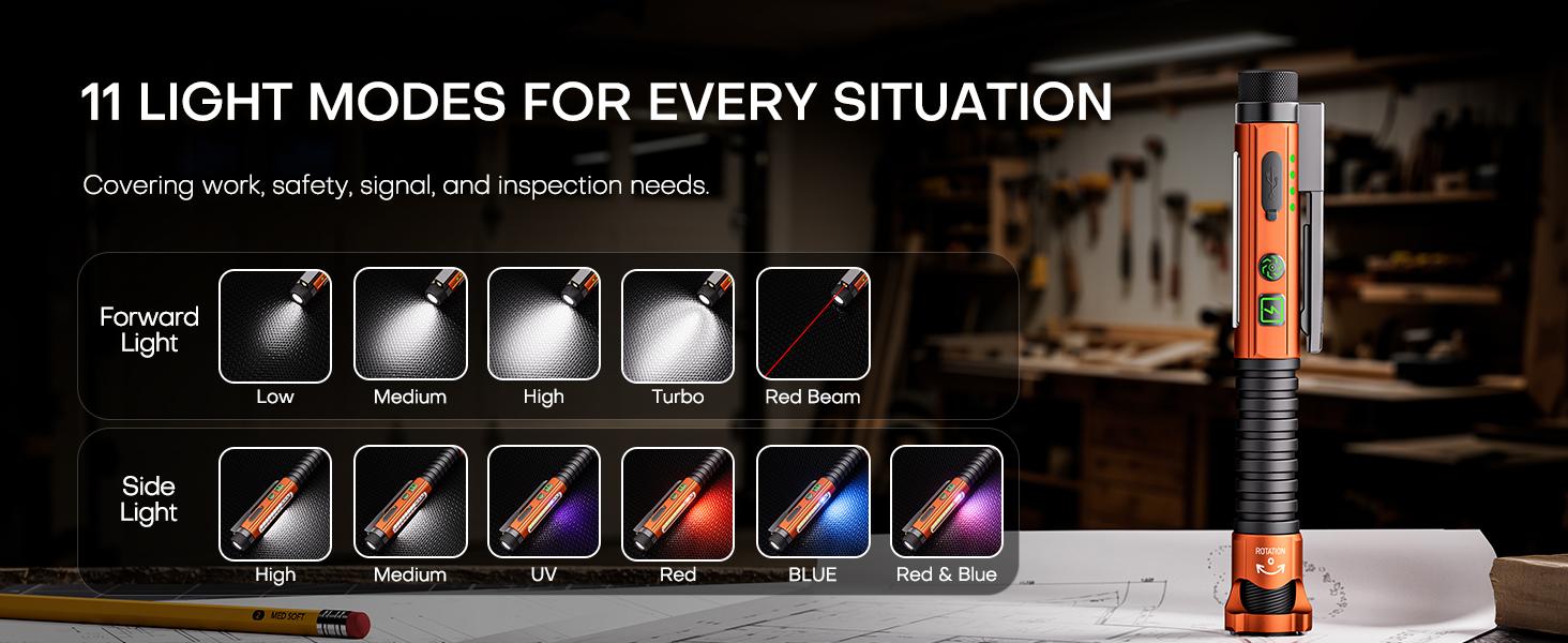 EDC Flashlight Rechargeable,800 Lumen Small Flashlight with Magnetic Clip & Base, 11 Modes LED Flashlight,Glass Breaker&Bottle Opener, USB-C Flashlight for Working,Home and Emergency