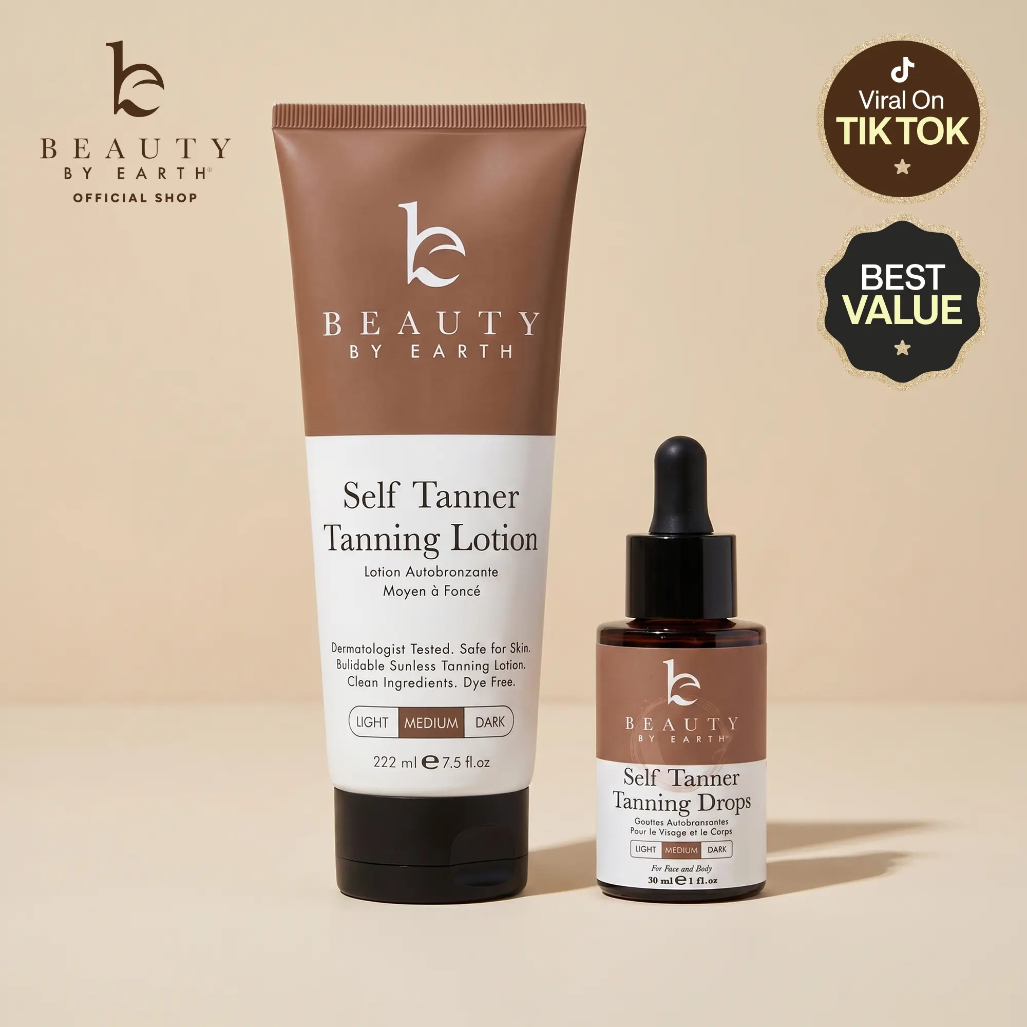 Beauty by Earth Self Tanner Lotion and Drops Perfect Glow Bundle - Hydrating Full-Body Bronze Pro Tanning Customizable Glow Cruelty-Free & Dye-Free Made in USA