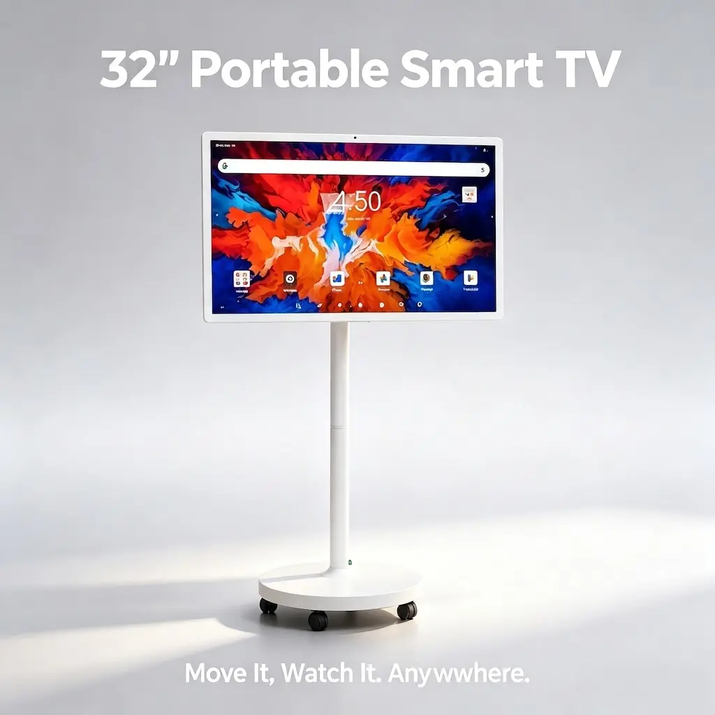 【Back to School】32" Portable Smart TV on Wheels – Android 14 Touchscreen Rolling TV Tablet TV 1080P Full HD | Built-in Battery 6-8H 360° Swivel | Dorm Bedroom Kitchen Living Room Home Gadgets Smart Home Must Have Tech Gift | 8G RAM 128G