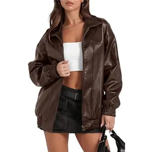 Leather Jacket Long Sleeve Lapel Zipper Side Pocket Casual Windbreaker Women's Style Womenswear Coats Fitted Minimalist Black Outerwear