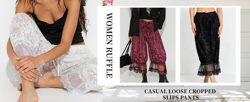 Mundoven Women Lace Trim Long Bloomers Y2k Floral Ruffle Elastic Mid Rise Pettipants Cropped Flared Slips Pants