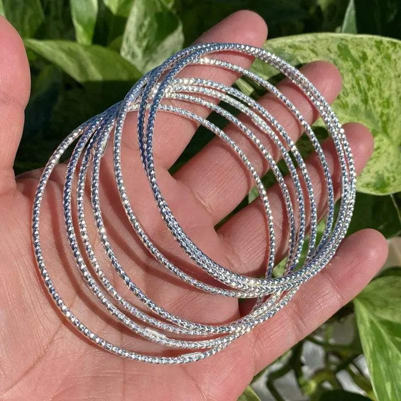 Female 925 Silver Diamond-Cut Non-Connected Slip-On Mexican Seminario Bangles - 7-Piece, Size 6.5, Stackable Daily Jewelry Wear, Manufactured, No Warning Applicable