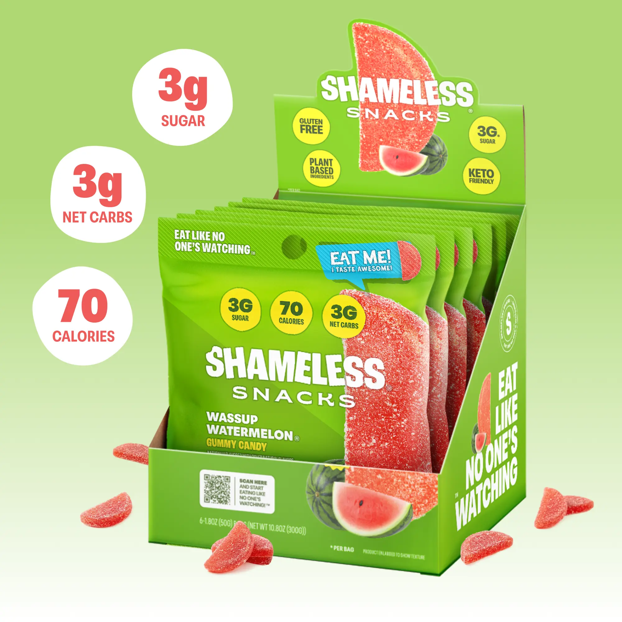Shameless Snacks Wassup Watermelon Real Fruit Juicy Sour Sweet Natural Gummies - 6 Individually Wrapped Bags, Sucralose, Erythritol, Keto, Vegan, Gluten-Free, Low Calorie, 3g Net Carbs, 3g Sugar, 70 Calories per Bag, Fruit Candy Snack, Gummy Pack, Sour Ch