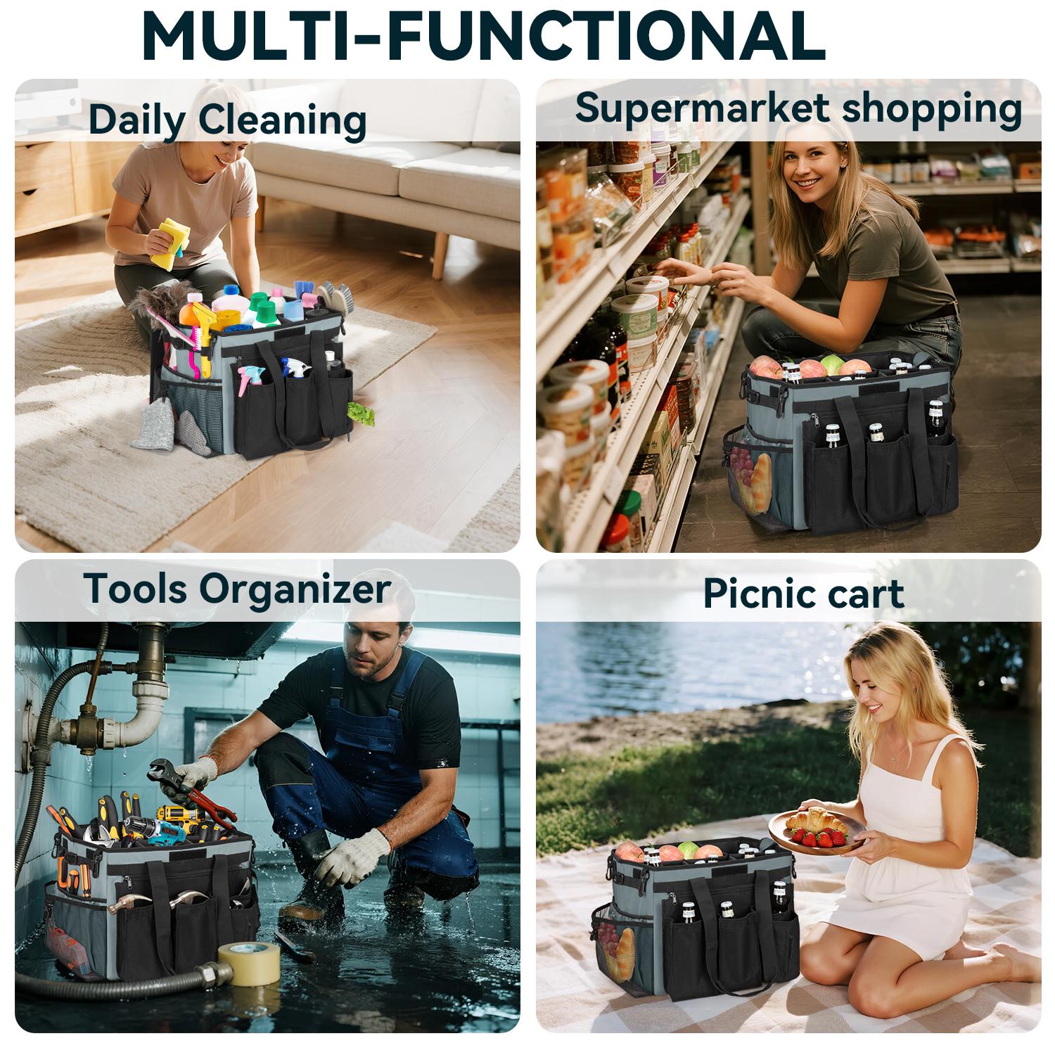 Cleaning Caddy Bag with Wheels, Extra Large Rolling Cleaning Caddy Bag with Detachable Trolley for Housekeepers, Water Resistant Cleaner Supplies Organizer with Wheels for Kitchen, Tool Organizer