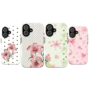 Pastel Pink Lily Flower Phone Case, Cute Polka Dot & Gingham Floral Aesthetic Cover for iPhone 11 12 13 14 15 16 17 Pro & Pro Max, Whimsical Vintage Garden Style, Soft Girly Spring Design, Perfect Gift for Her, Girl, Women, Bestie