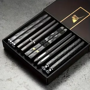5 Pair Japanese Style Black Non-Slip Food Grade Alloy Chopsticks Cutlery Tableware (9.5-Inch) with Reusable Design Modern Kitchen Kitchenware Home