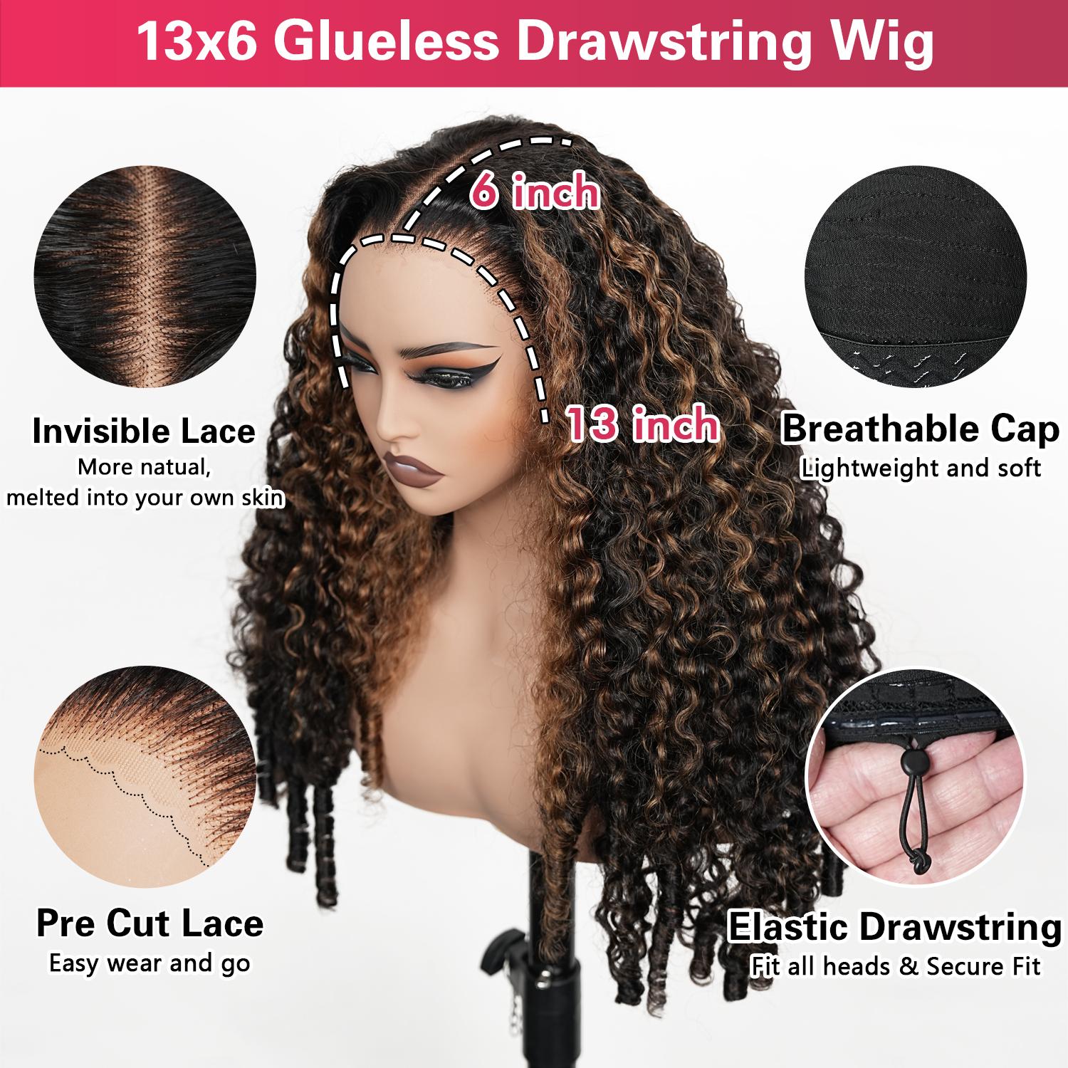 QUANDIAN 13X6 Burmese Curly Glueless Highlight Lace Front Wigs Human Hair Pre-Cut HD Lace Beginner Friendly Pre Bleached Upgraded Drawstring for Women