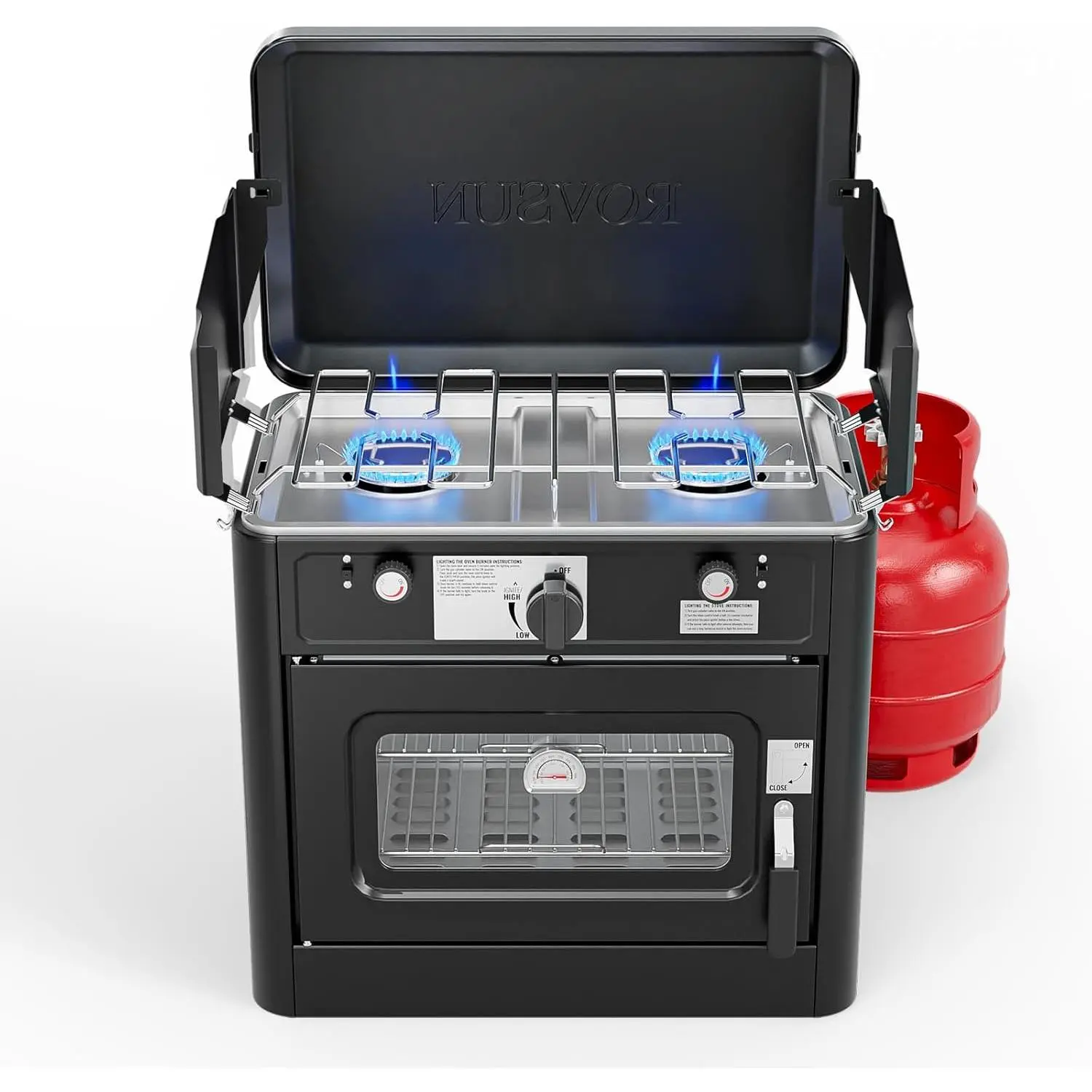 ROVSUN 2-in-1 Compact Outdoor Cooking Station, Portable Kitchen Oven + Stovetop with 2 Burners, Piezo Igniter, Adjustable Fire, Thermometer, Wind Panel, Regulator & Detachable Racks (Black), Piezo Ignition