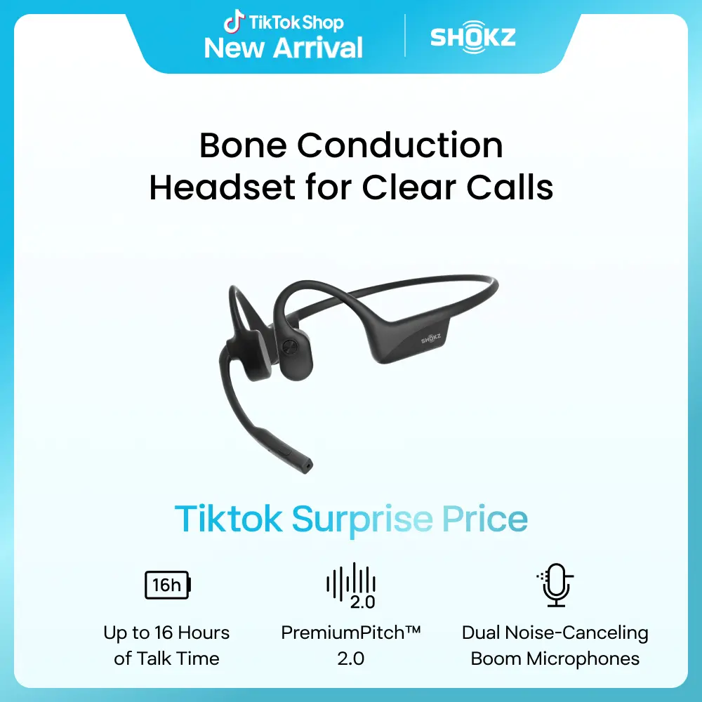 SHOKZ OpenComm2 Open-Ear Bone Conduction Audio Headphones - Wireless Bluetooth Electronic USB Wireless Chargeable Headset with Noise Canceling Mic, Mute Button, 16-Hour Talk Time for Work, Productivity Tools (Black, Mobile & PC Compatible), Wireless Charg