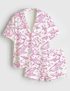 Women’s Shark Respect The Locals Hand Drawn Shark Summer Beach Travel Short Sleeve Satin Pajama Set