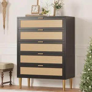 Rattan 5 Drawer Dresser,Black Modern Chest of Drawers with Gold Legs and Gold Handles, Tall Dresser with Large Tabletop and Anti-Tipping Design for Bedroom Living Room