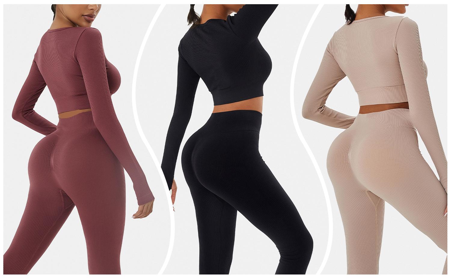 Women's Solid Seamless Long Sleeve Crop Top & Leggings Workout Exercise Tracksuit Set Active Set Ribbed Square Neck Tee & Yoga Pants Skinny Tummy Control Sports T-Shirt & High Rise Hip Lift Leggings Women's Sportswear for Gym Running