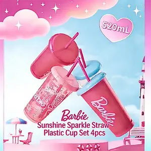 Barbie Sunshine Sparkle Straw Cup Set 4pcs 520mL – Fun Spring & Summer Drinkware for Kids & Adults，Perfect for Spring Parties & Outdoor Fun