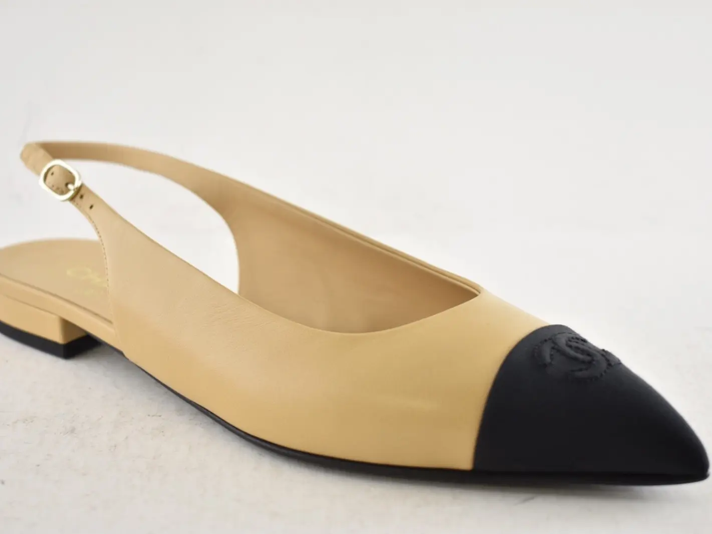 Chanel 24A Beige Leather Black CC Logo Coco Slingback Pointed Ballet Flat 37