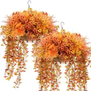 2 Set Artificial Fall Flowers with Hanging Baskets Faux Silk Flower in Planter with 28 Pcs Fake Plants Plastic Faux Mums Autumn Plants for Home Outside Porch Garden Yard Patio Decor
