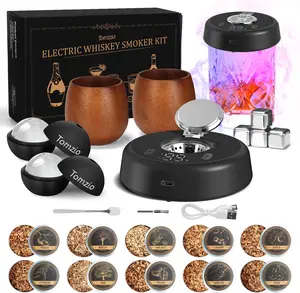 Electric Whiskey Smoker Kit with 7 Light Modes,Rechargeable Cocktail Smoker with 2 Wooden Bourbon Glasses,10 Natural Wood Chips,Food-Grade Stainless Steel Ice Cubes & Mold,Gift for Men, Dad, Husband Reusable Set Drink Colorful Colorful perfect present