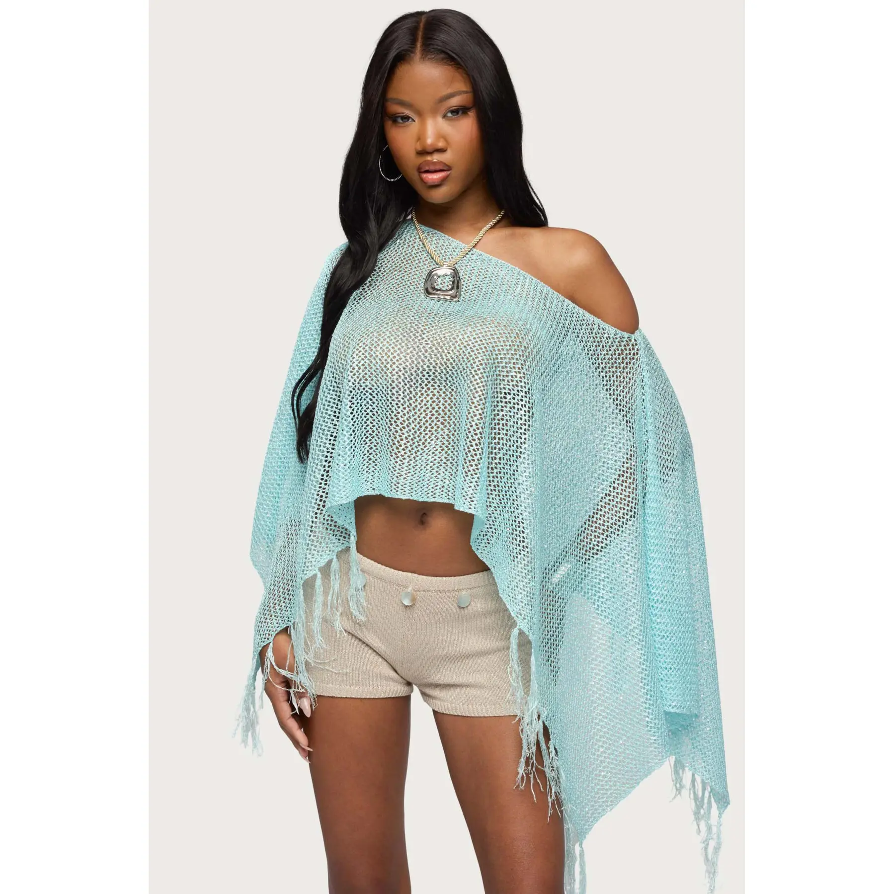 Sequin Fringe Knit Poncho