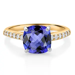10K Yellow Gold 8MM Cushion Cut Blue Tanzanite and White Lab Grown Diamond Engagement Ring For Women (2.88 Cttw, Gemstone December Birthstone)