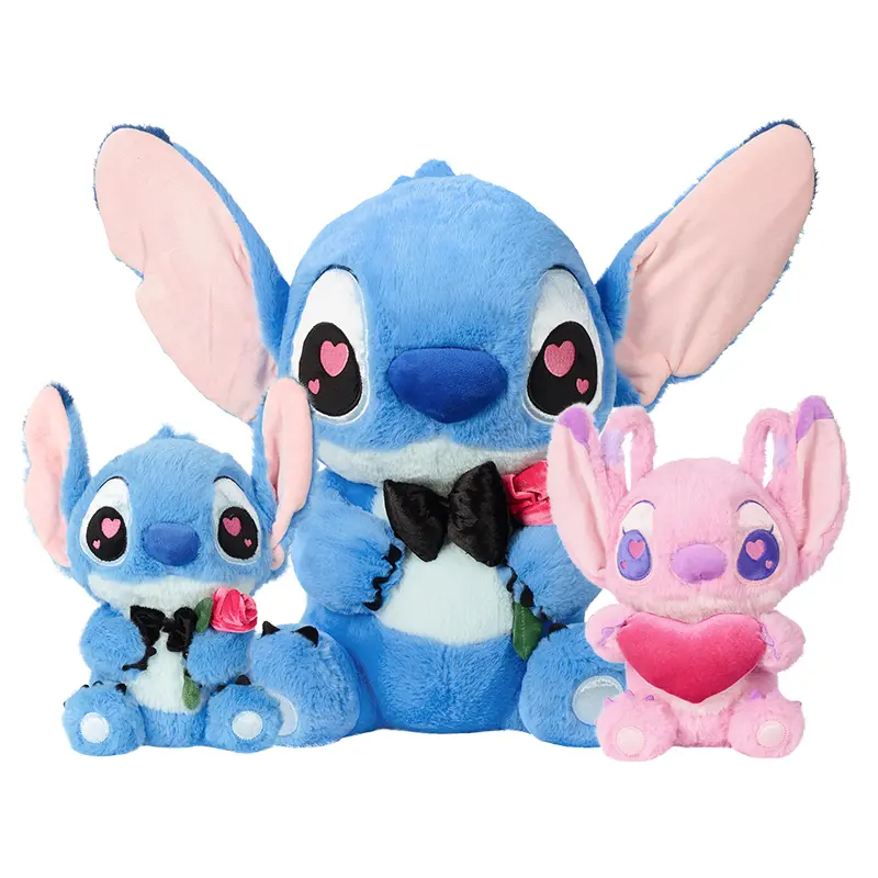 MINISO Disney Stitch Valentine's Day Sitting Plush Toy, Soft Pink Ears Blue Alien Stuffed Animal, Cute Red Rose Holding Plushie Gift for Fans Kids Mother's Day